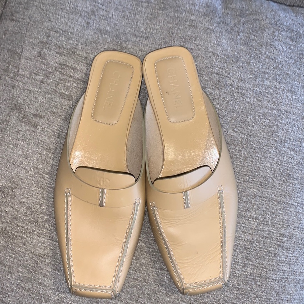 Authentic Chanel tan leather mules